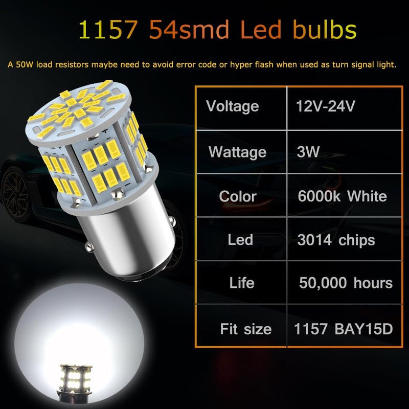Melphan-Auto 1157 Led Brake Light Bulb, 12V-24V 1157 7528 2357 2057 BAY15D LED Replacement Light Bulb for Brake Tail Light for Car RV Trailer Boat, 54SMD 3014 Chipset White light, 4PCS - Image 3